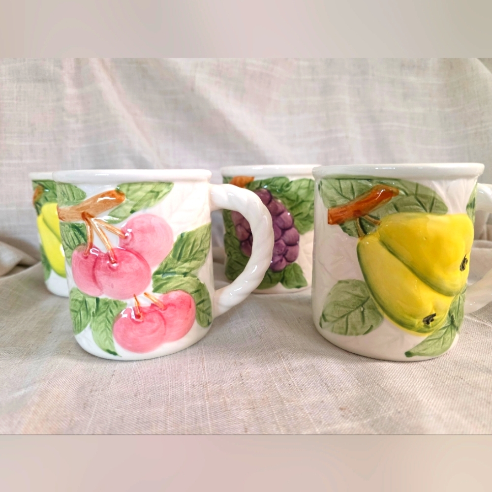 Coffee, Tea, Cups, Mugs, Set Of Four, Fruit, Spring, Vintage